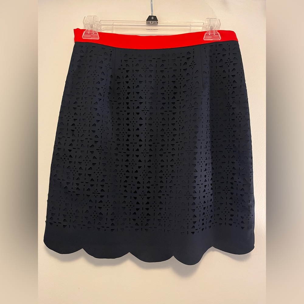 Pixley Navy Laser-Cut Pencil Skirt with Red Waistband - Picture 2 of 6